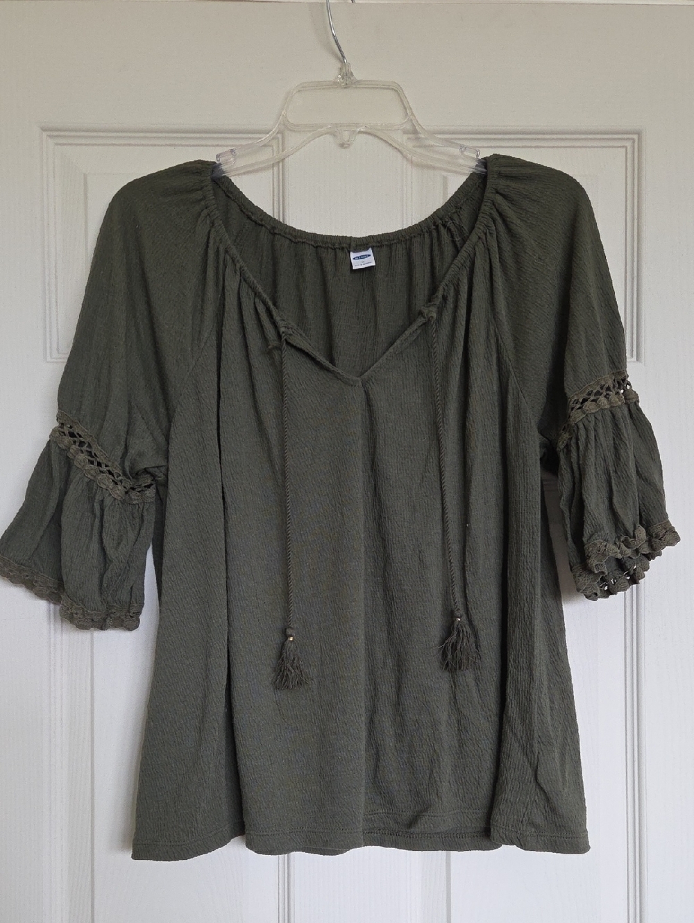 Old Navy Olive Green Peasant Blouse with Tassel Tie